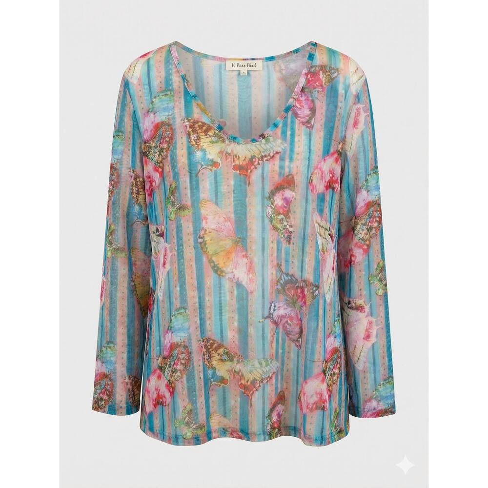 NEW A RARE BIRD women's striped butterfly mesh top in multi